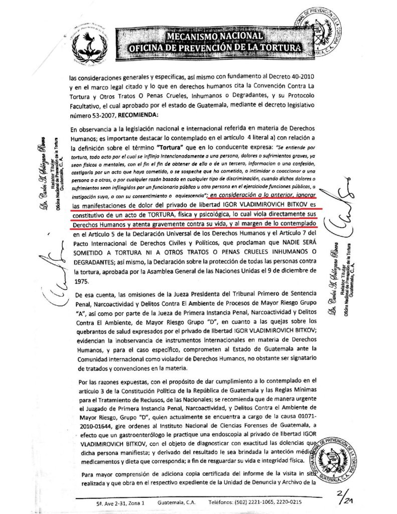 La resolucion de la Oficina de la prevencion de la tortura sobre la tortura de Igor Bitkov.