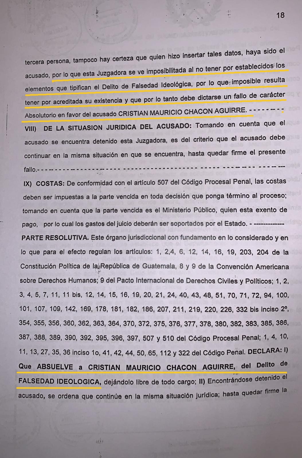 La sentencia absolutoria de Cristian Mauricio Chacon Aguirre
