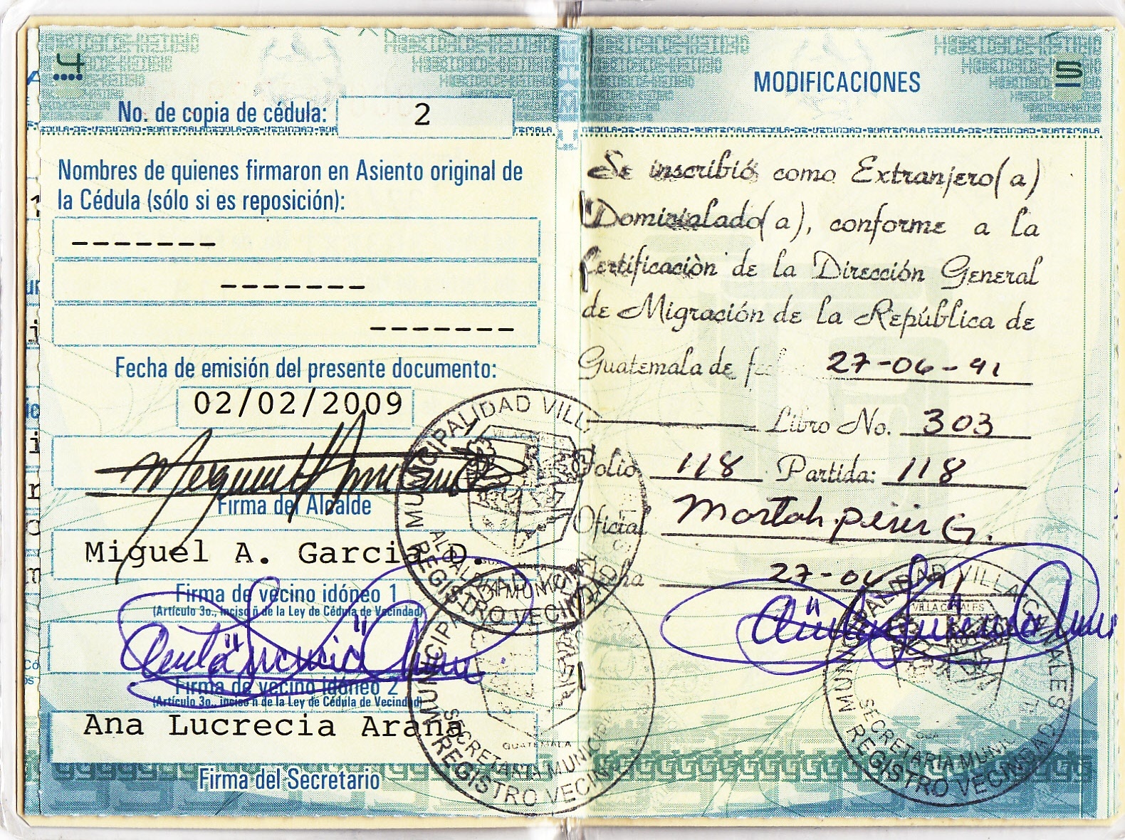 Cedula issued by mayor of Villa Canales - Miguel Angel Garcia Dominguez
