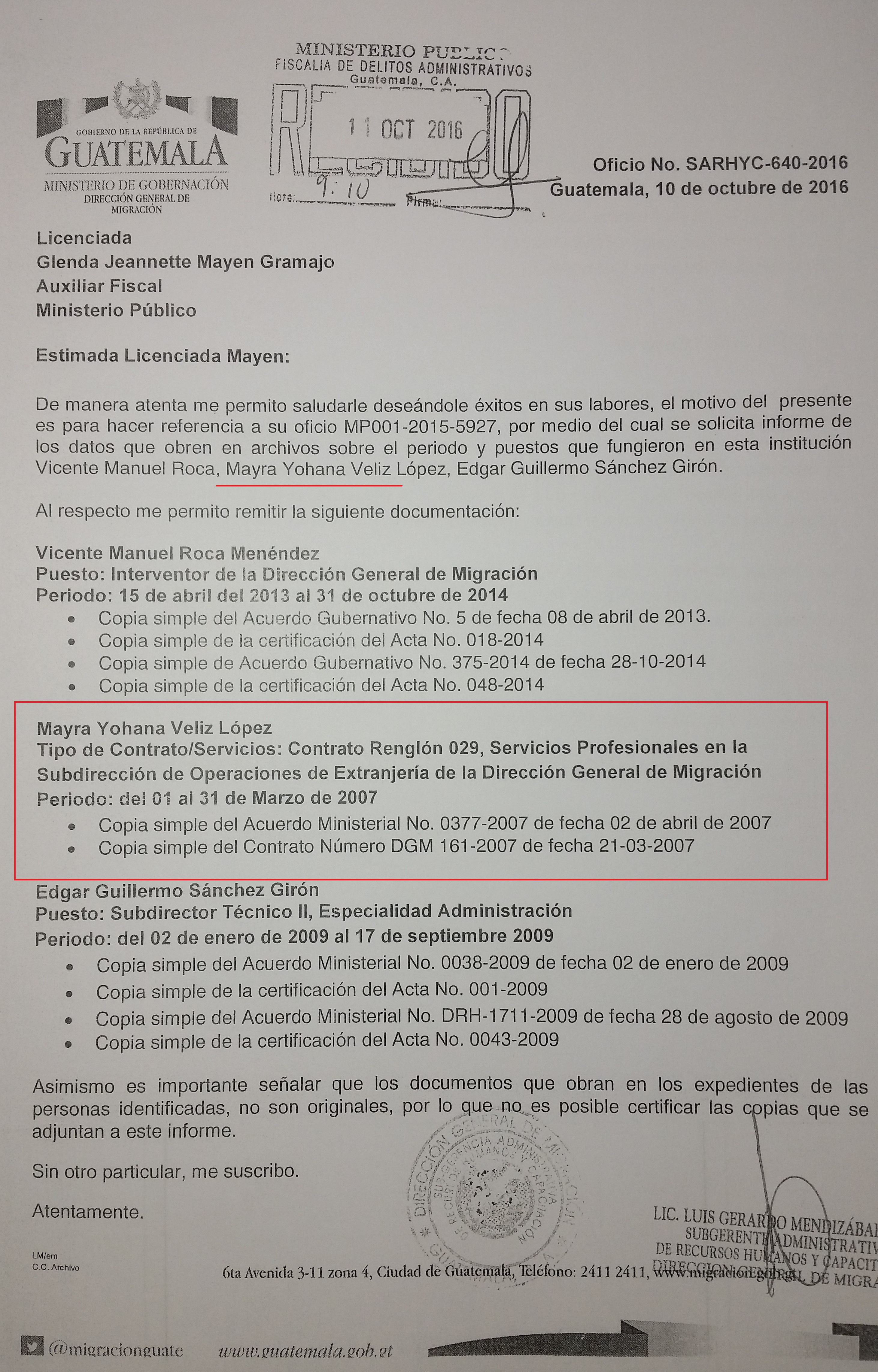 Informe de Ministerio de Gobernacion sobre cuando Mayra Veliz trabajaba en Migracion.