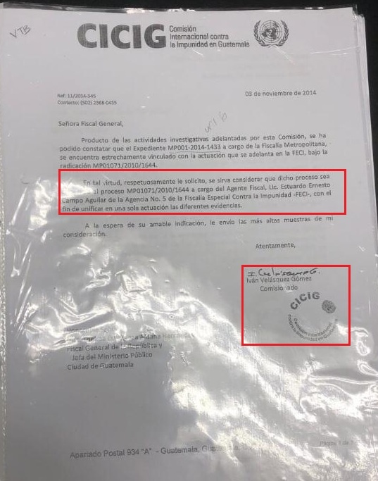 The letter of Velazquez to Aldana to deliver case against Bitkov to FECI