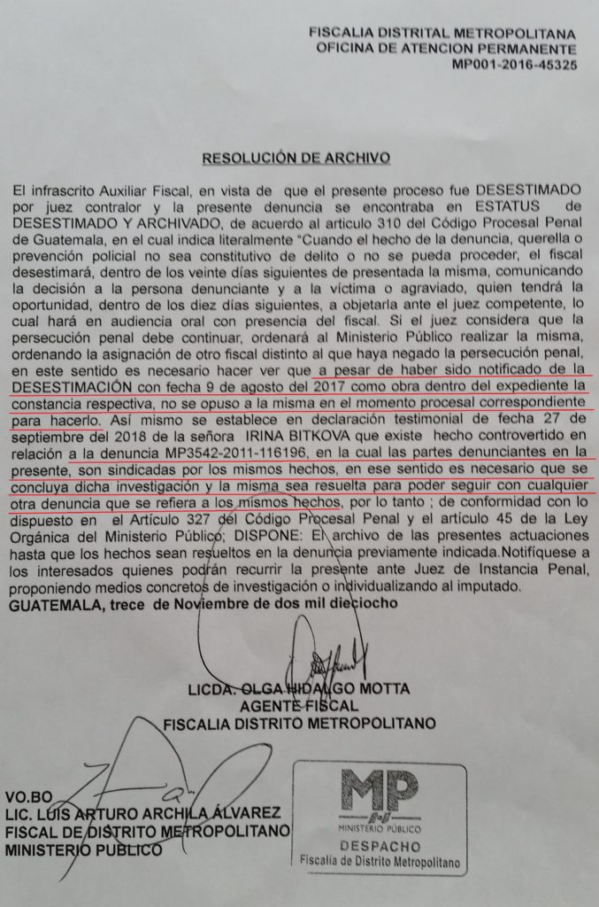 La resolucion del archivo del caso contra Mayra Veliz y Cutino International
