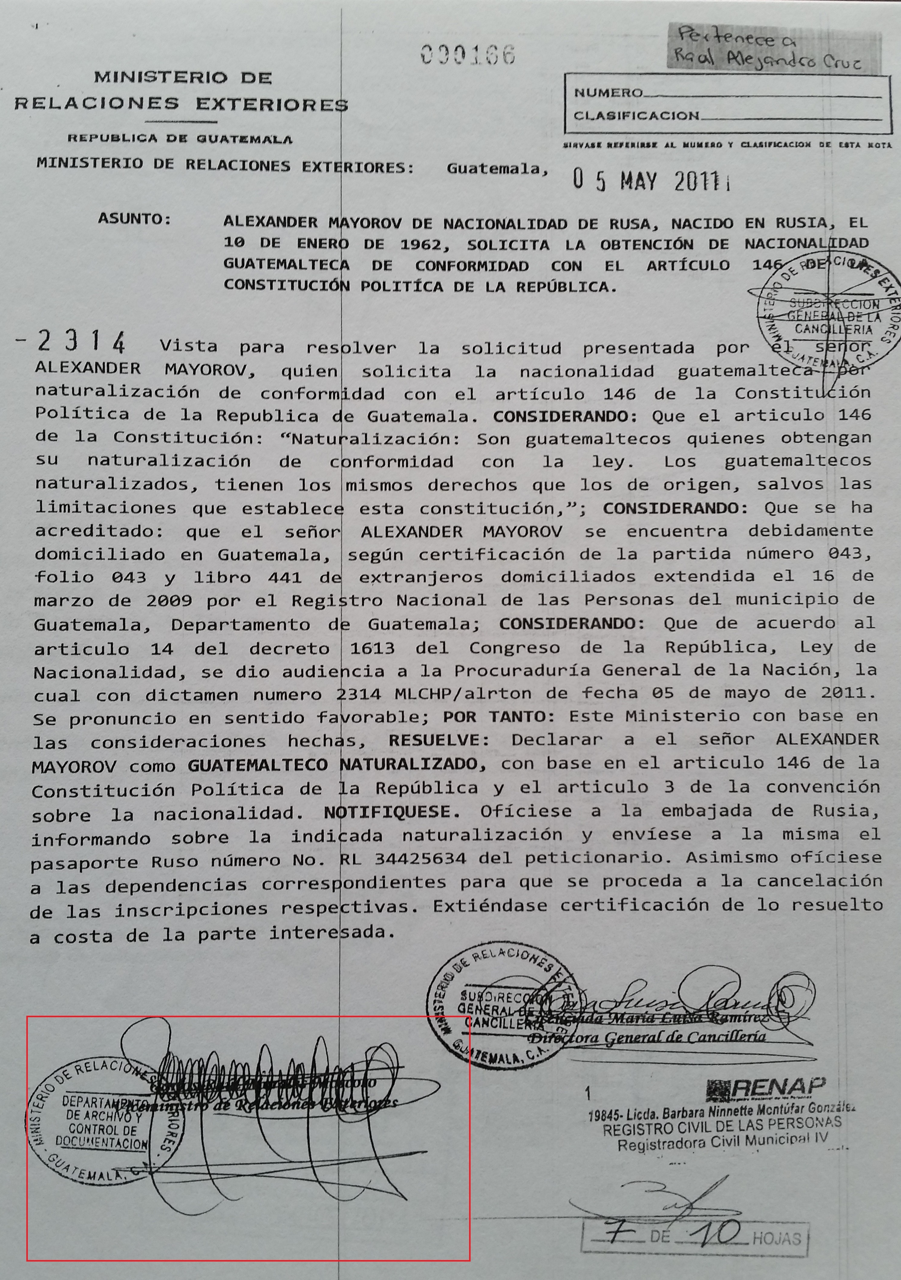 False naturalization of Alexander Mayorov, Russia, signed by Raul Morales