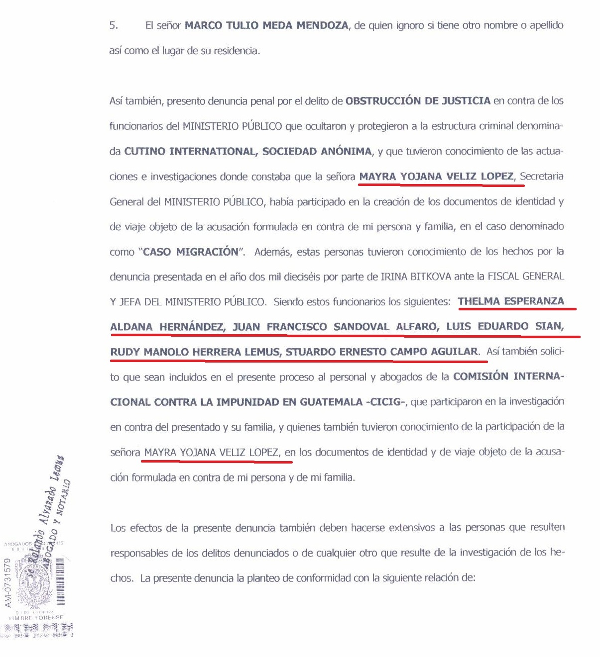Pagina 3 de la denuncia contra estructura de tramitadores de documentos falsos