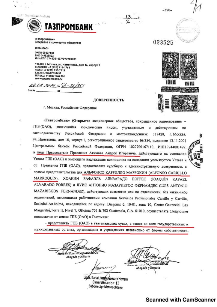 The mandate of the Gazprombank bank for Alfonso Carrillo signed by Andrey Akimov.