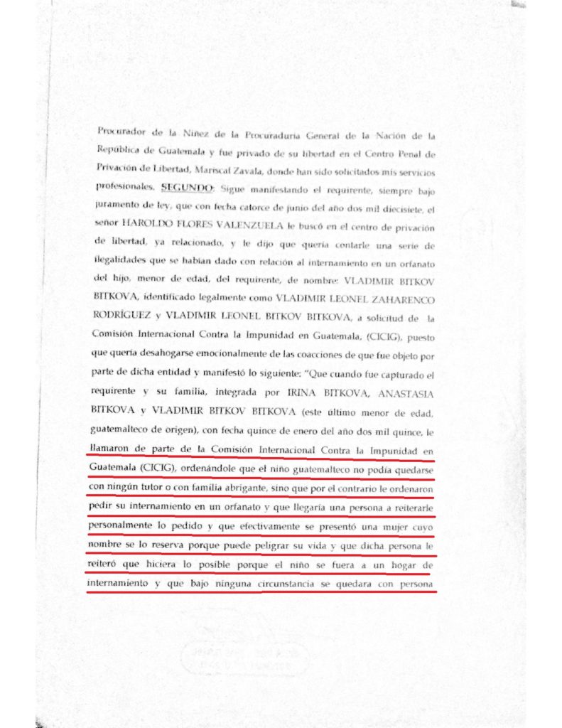 Segunda pagina del testimonio sobre la intervencion de la mandataria de la CICIG para internar en orfanato al niño Vladimir Bitkov.